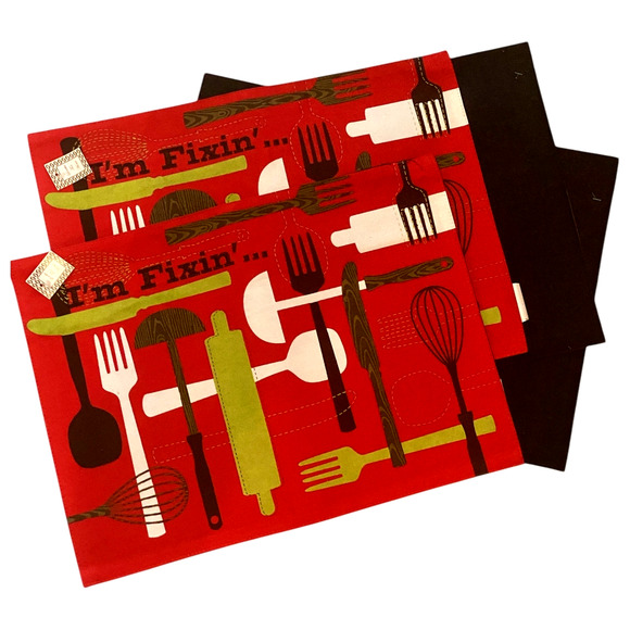 Set of 4 Placemats and Napkins Simply Southern Set What I'm Fixin Red Fork Spoon - Picture 2 of 5